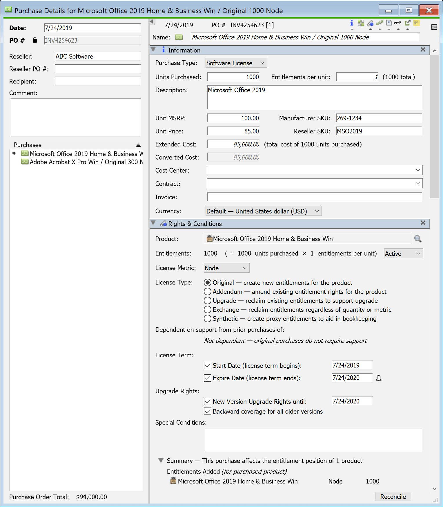 Purchase Details Window